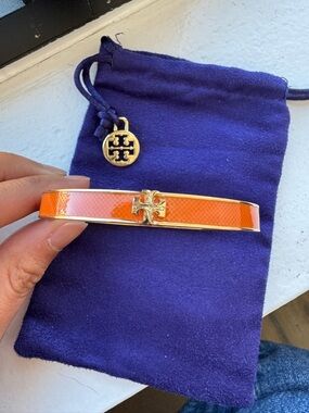 Tory Burch Kira Orange Enamel Logo Slim Hinge Bangle
